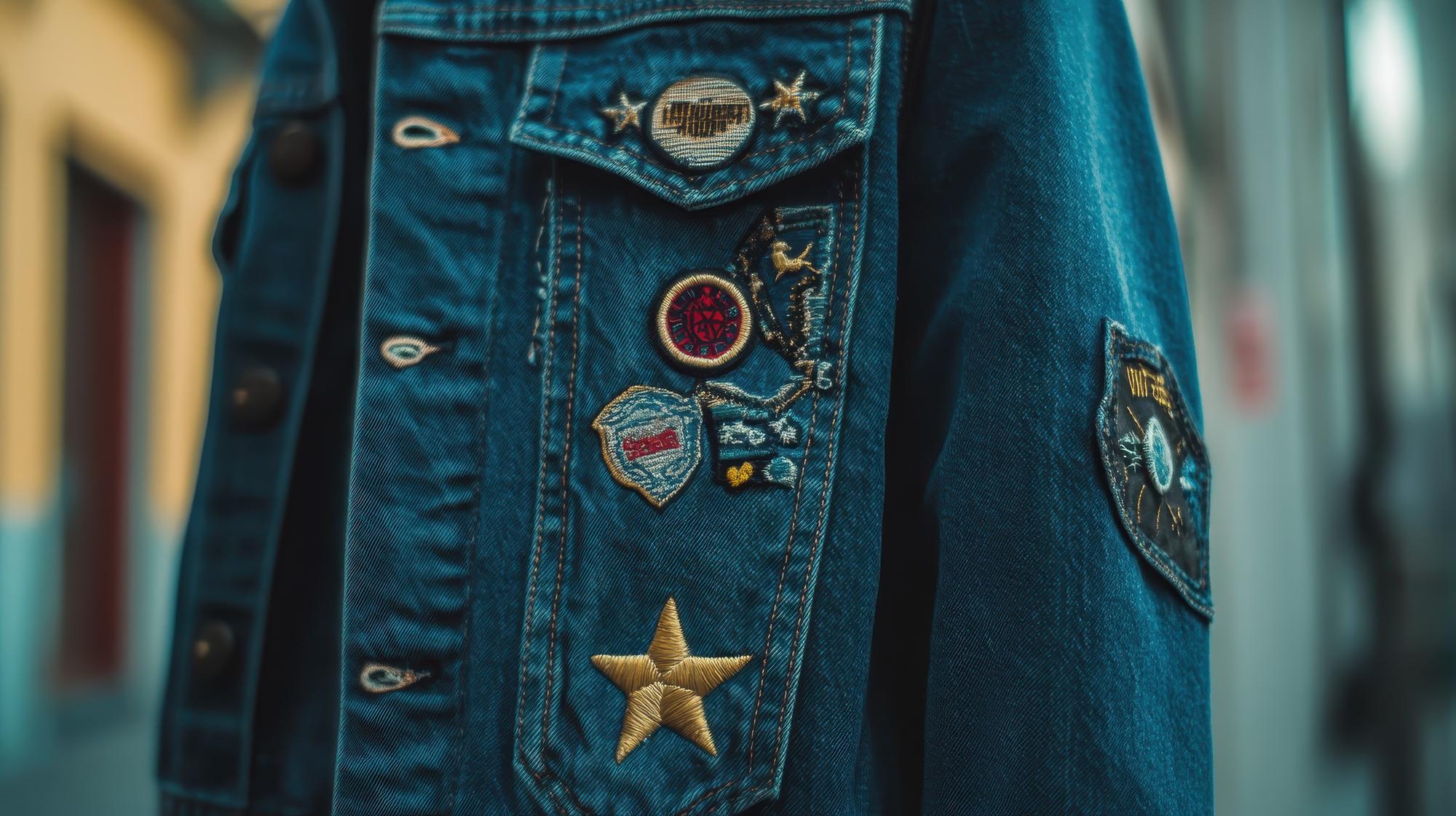 Small embroidered crest on denim jacket