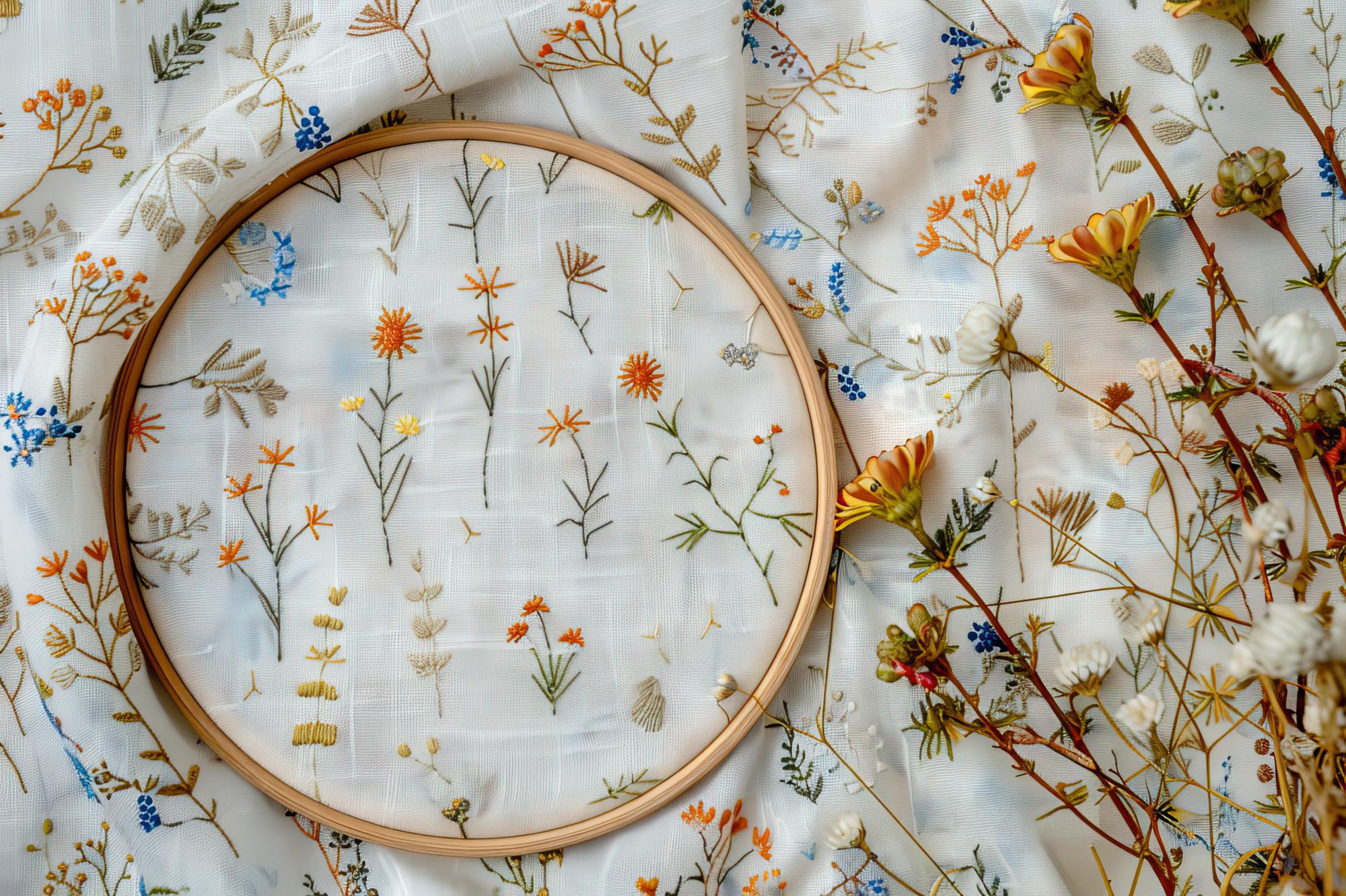 Hand-stitched botanical motif on linen napkin